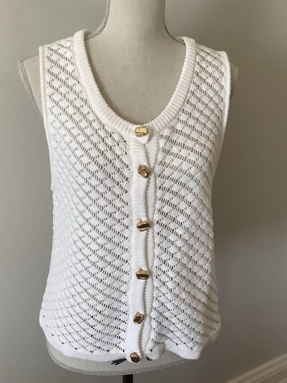 Bailey 44 White Open-Knit Sleeveless Top with Gold Buttons